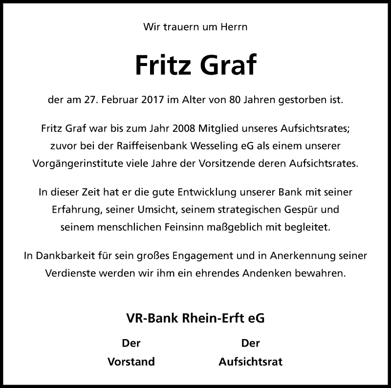  Traueranzeige für Fritz Graf vom 04.03.2017 aus Kölner Stadt-Anzeiger / Kölnische Rundschau / Express