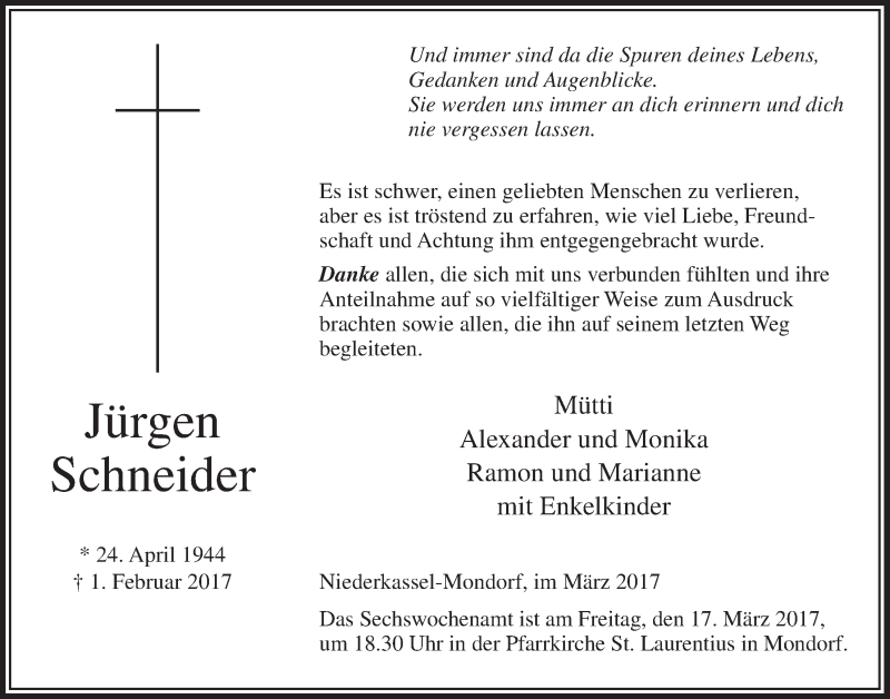  Traueranzeige für Jürgen Schneider vom 15.03.2017 aus  Extra Blatt 