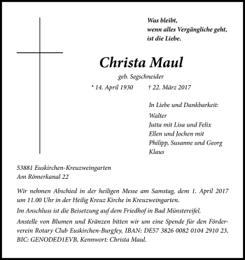 Anzeige von Christa Maul von Kölner Stadt-Anzeiger / Kölnische Rundschau / Express