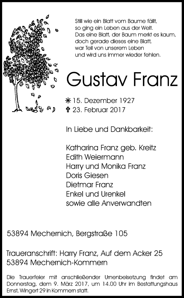  Traueranzeige für Gustav Franz vom 04.03.2017 aus Kölner Stadt-Anzeiger / Kölnische Rundschau / Express