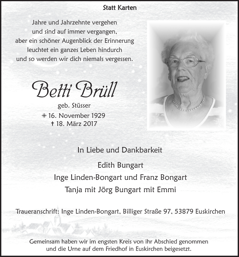  Traueranzeige für Betti Brüll vom 01.04.2017 aus  Blickpunkt Euskirchen 