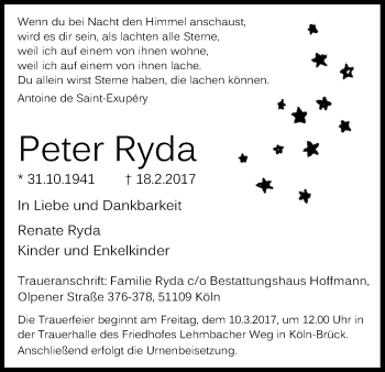 Anzeige von Peter Ryda von Kölner Stadt-Anzeiger / Kölnische Rundschau / Express