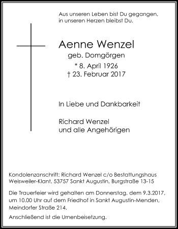 Anzeige von Aenne Wenzel von Kölner Stadt-Anzeiger / Kölnische Rundschau / Express