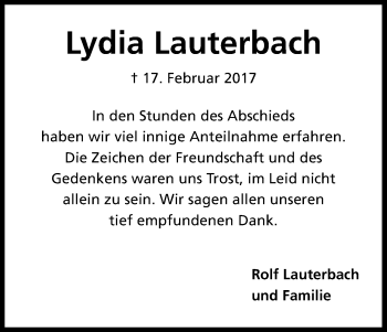 Anzeige von Lydia Lauterbach von Kölner Stadt-Anzeiger / Kölnische Rundschau / Express