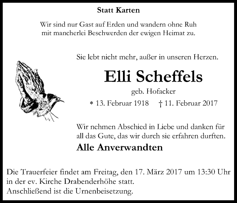 Traueranzeige für Elli Scheffels vom 15.03.2017 aus Kölner Stadt-Anzeiger / Kölnische Rundschau / Express
