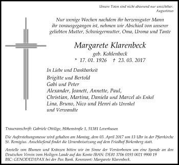 Anzeige von Margarete Klarenbeck von Kölner Stadt-Anzeiger / Kölnische Rundschau / Express
