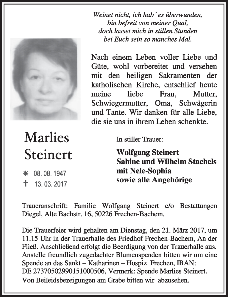  Traueranzeige für Marlies Steinert vom 18.03.2017 aus  Sonntags-Post 