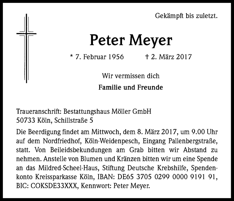  Traueranzeige für Peter Meyer vom 04.03.2017 aus Kölner Stadt-Anzeiger / Kölnische Rundschau / Express
