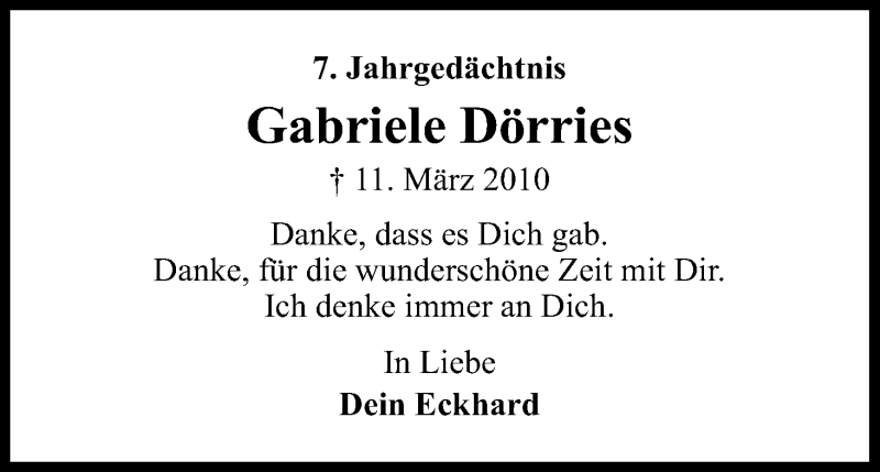  Traueranzeige für Gabriele Dörries vom 11.03.2017 aus Kölner Stadt-Anzeiger / Kölnische Rundschau / Express