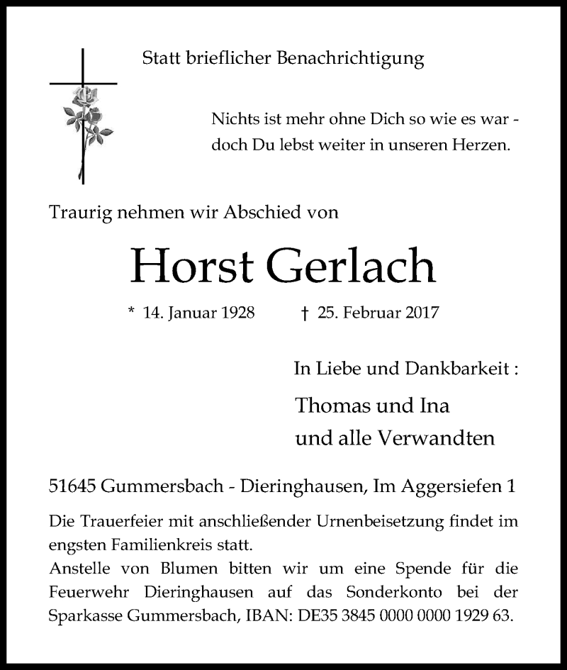  Traueranzeige für Horst Gerlach vom 10.03.2017 aus Kölner Stadt-Anzeiger / Kölnische Rundschau / Express