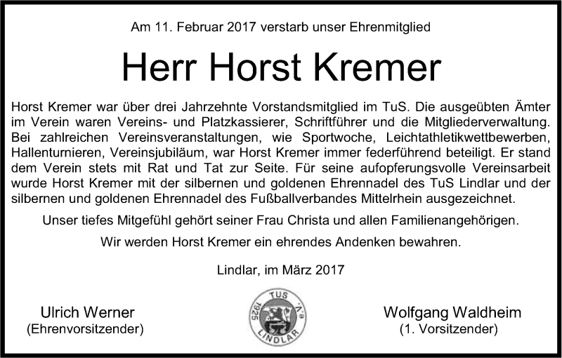  Traueranzeige für Horst Kremer vom 02.03.2017 aus Kölner Stadt-Anzeiger / Kölnische Rundschau / Express