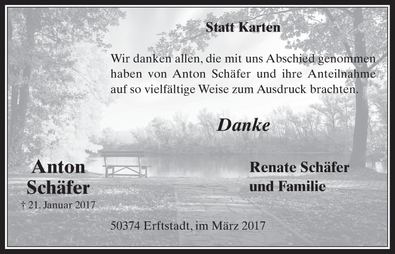  Traueranzeige für Anton Schäfer vom 22.03.2017 aus  Werbepost 