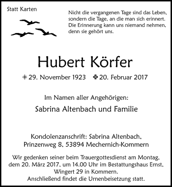 Anzeige von Hubert Körfer von  Blickpunkt Euskirchen 