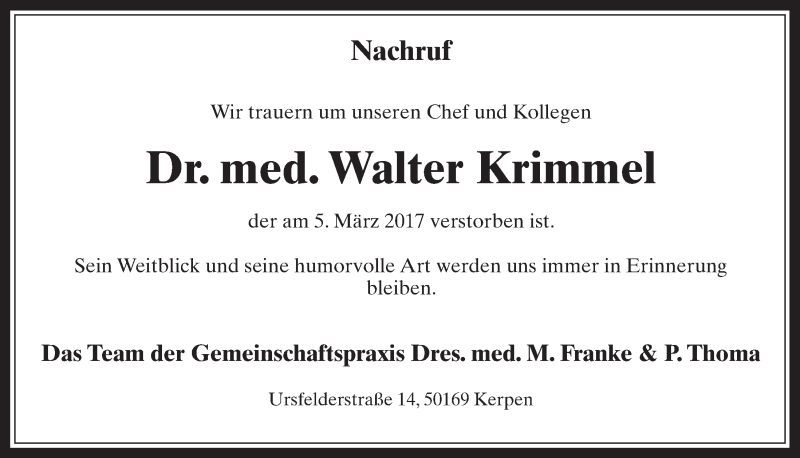  Traueranzeige für Walter Krimmel vom 22.03.2017 aus  Werbepost 