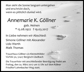 Anzeige von Anna Maria Göllner von Kölner Stadt-Anzeiger / Kölnische Rundschau / Express