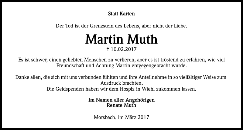  Traueranzeige für Martin Muth vom 22.03.2017 aus Kölner Stadt-Anzeiger / Kölnische Rundschau / Express