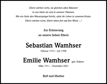 Anzeige von Sebastian und Emilie Wamhser von Kölner Stadt-Anzeiger / Kölnische Rundschau / Express
