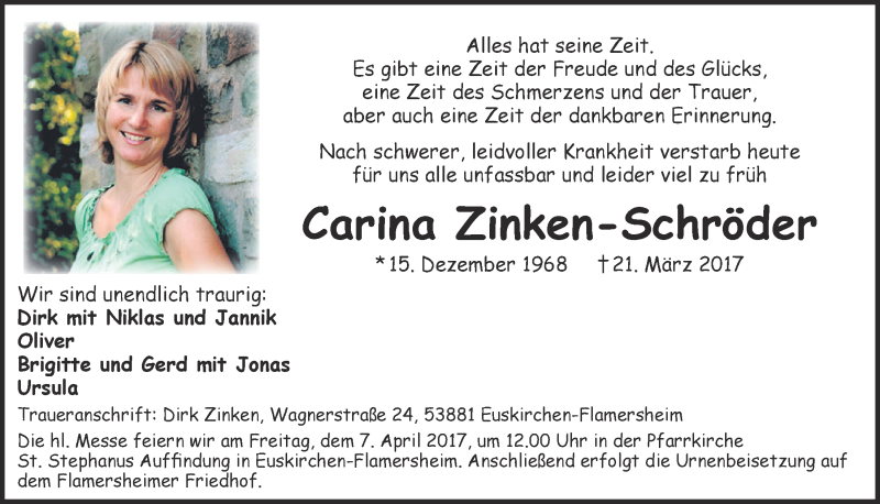  Traueranzeige für Carina Zinken-Schröder vom 01.04.2017 aus  Blickpunkt Euskirchen 