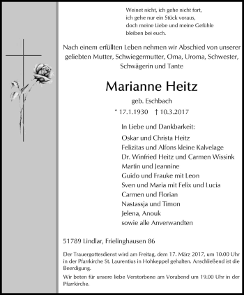 Anzeige von Marianne Heitz von Kölner Stadt-Anzeiger / Kölnische Rundschau / Express