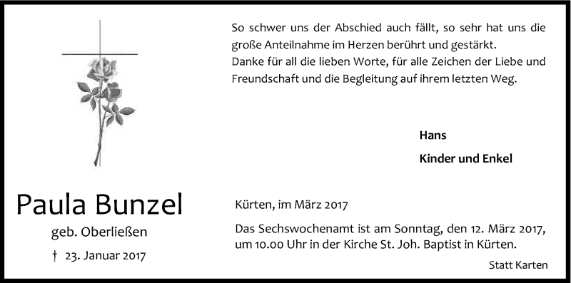  Traueranzeige für Paula Bunzel vom 04.03.2017 aus Kölner Stadt-Anzeiger / Kölnische Rundschau / Express