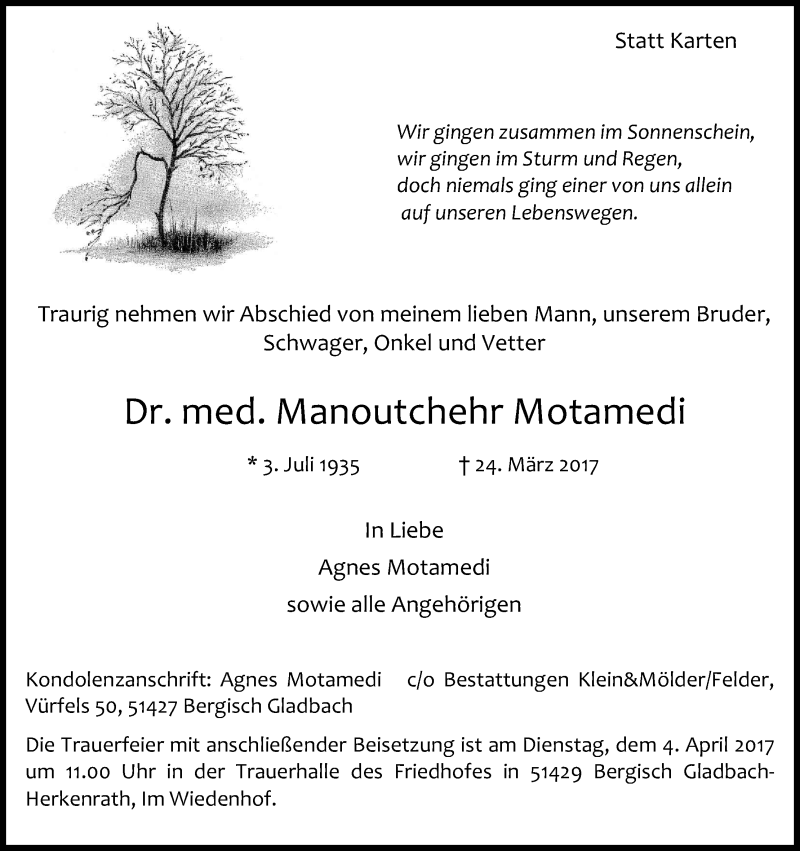  Traueranzeige für Manoutchehr Motamedi vom 31.03.2017 aus Kölner Stadt-Anzeiger / Kölnische Rundschau / Express