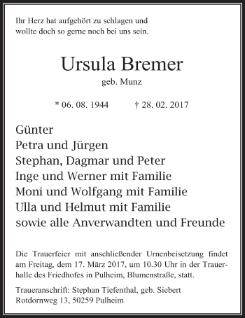 Anzeige von Ursula Bremer von  Schlossbote/Werbekurier 