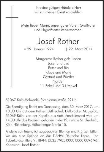 Anzeige von Josef Rother von Kölner Stadt-Anzeiger / Kölnische Rundschau / Express