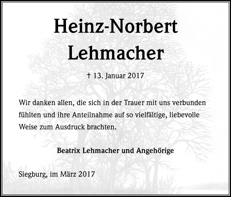  Traueranzeige für Heinz-Norbert Lehmacher vom 04.03.2017 aus Kölner Stadt-Anzeiger / Kölnische Rundschau / Express
