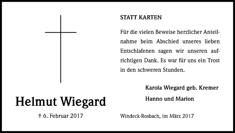  Traueranzeige für Helmut Wiegard vom 25.03.2017 aus Kölner Stadt-Anzeiger / Kölnische Rundschau / Express