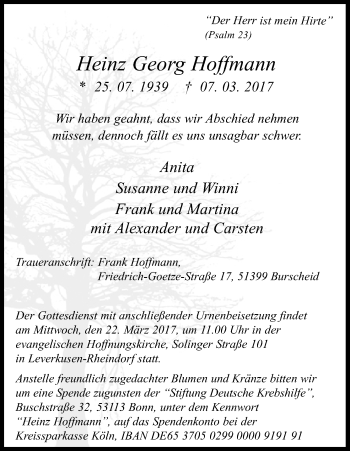 Anzeige von Heinz Georg Hoffmann von Kölner Stadt-Anzeiger / Kölnische Rundschau / Express