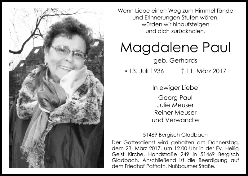  Traueranzeige für Magdalene Paul vom 18.03.2017 aus Kölner Stadt-Anzeiger / Kölnische Rundschau / Express