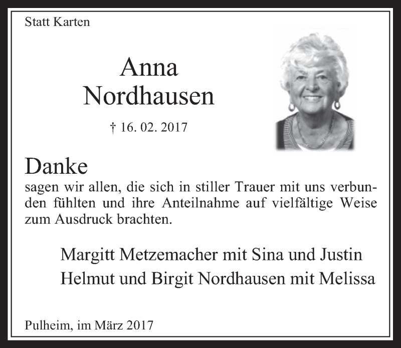 Traueranzeige für Anna Nordhausen vom 08.03.2017 aus  Wochenende 