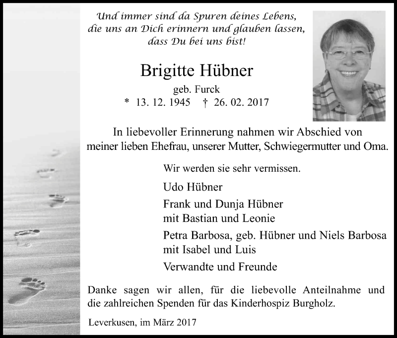  Traueranzeige für Brigitte Hübner vom 20.03.2017 aus Kölner Stadt-Anzeiger / Kölnische Rundschau / Express