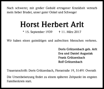 Anzeige von Horst Herbert Arlt von Kölner Stadt-Anzeiger / Kölnische Rundschau / Express