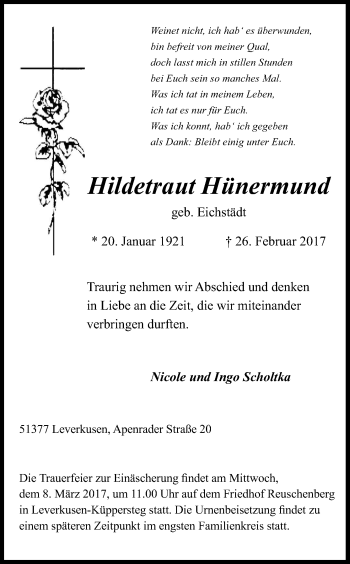 Anzeige von Hildetraut Hünermund von Kölner Stadt-Anzeiger / Kölnische Rundschau / Express
