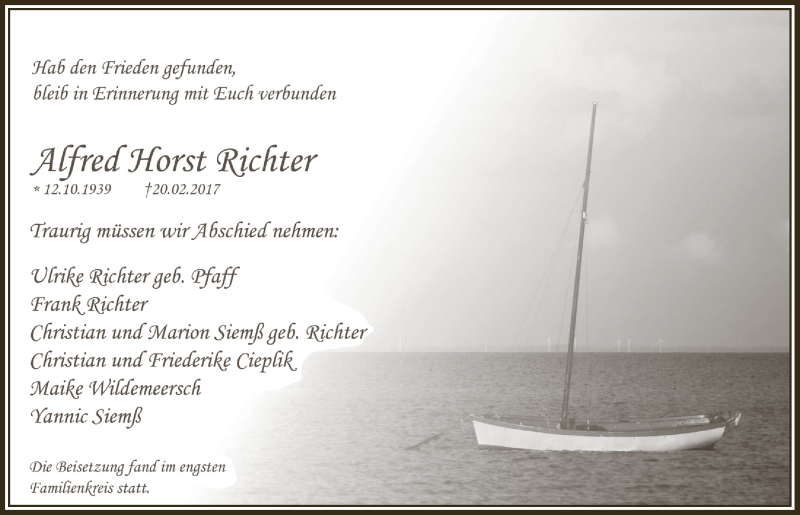  Traueranzeige für Alfred Horst Richter vom 22.03.2017 aus  Anzeigen Echo 