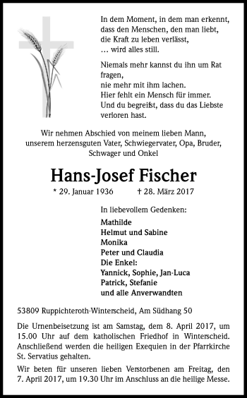 Anzeige von Hans-Josef Fischer von Kölner Stadt-Anzeiger / Kölnische Rundschau / Express