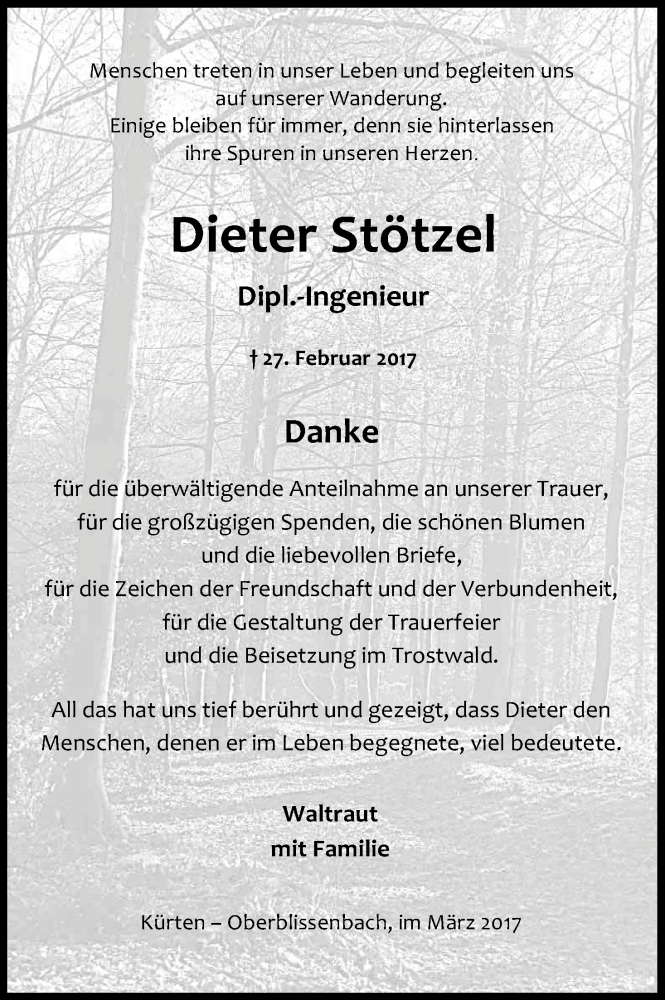  Traueranzeige für Dieter Stötzel vom 25.03.2017 aus Kölner Stadt-Anzeiger / Kölnische Rundschau / Express