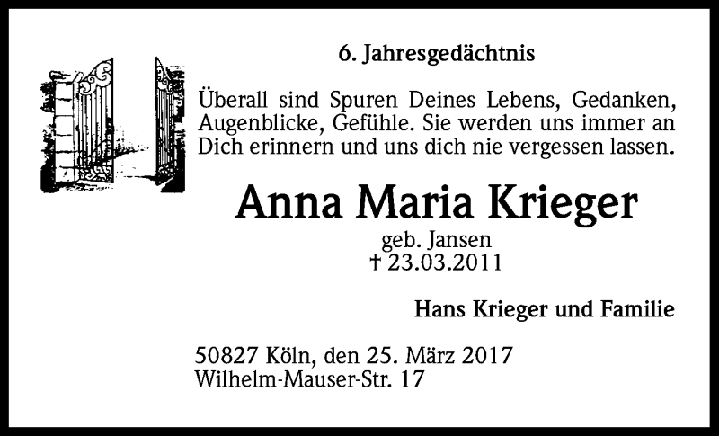  Traueranzeige für Anna Maria Krieger vom 25.03.2017 aus Kölner Stadt-Anzeiger / Kölnische Rundschau / Express