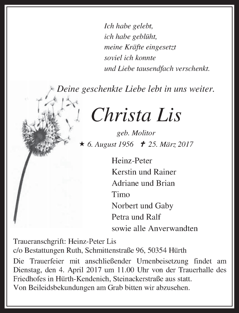  Traueranzeige für Christa Lis vom 29.03.2017 aus  Wochenende 