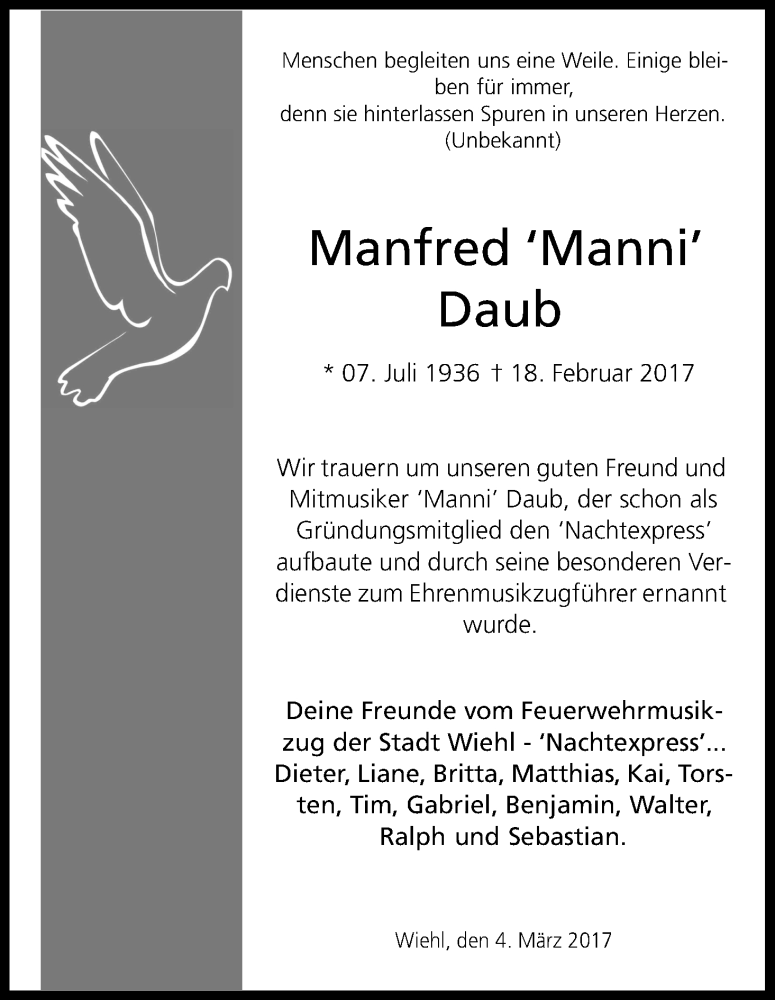  Traueranzeige für Manfred Daub vom 04.03.2017 aus Kölner Stadt-Anzeiger / Kölnische Rundschau / Express
