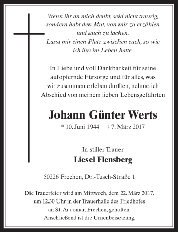 Anzeige von Johann Günter Werts von  Wochenende 