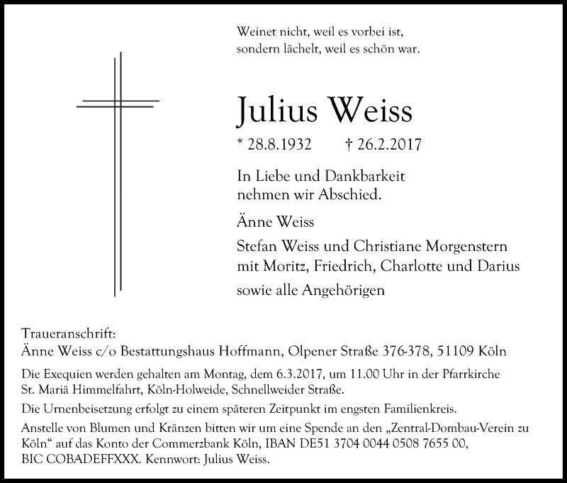  Traueranzeige für Julius Weiss vom 04.03.2017 aus Kölner Stadt-Anzeiger / Kölnische Rundschau / Express