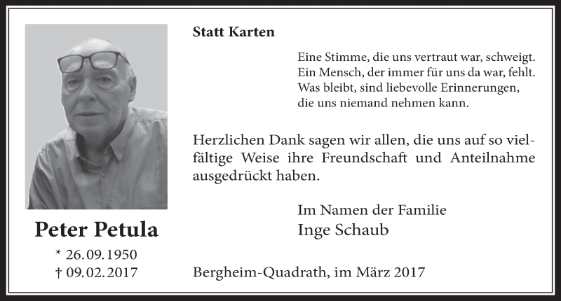  Traueranzeige für Peter Petula vom 22.03.2017 aus  Werbepost 