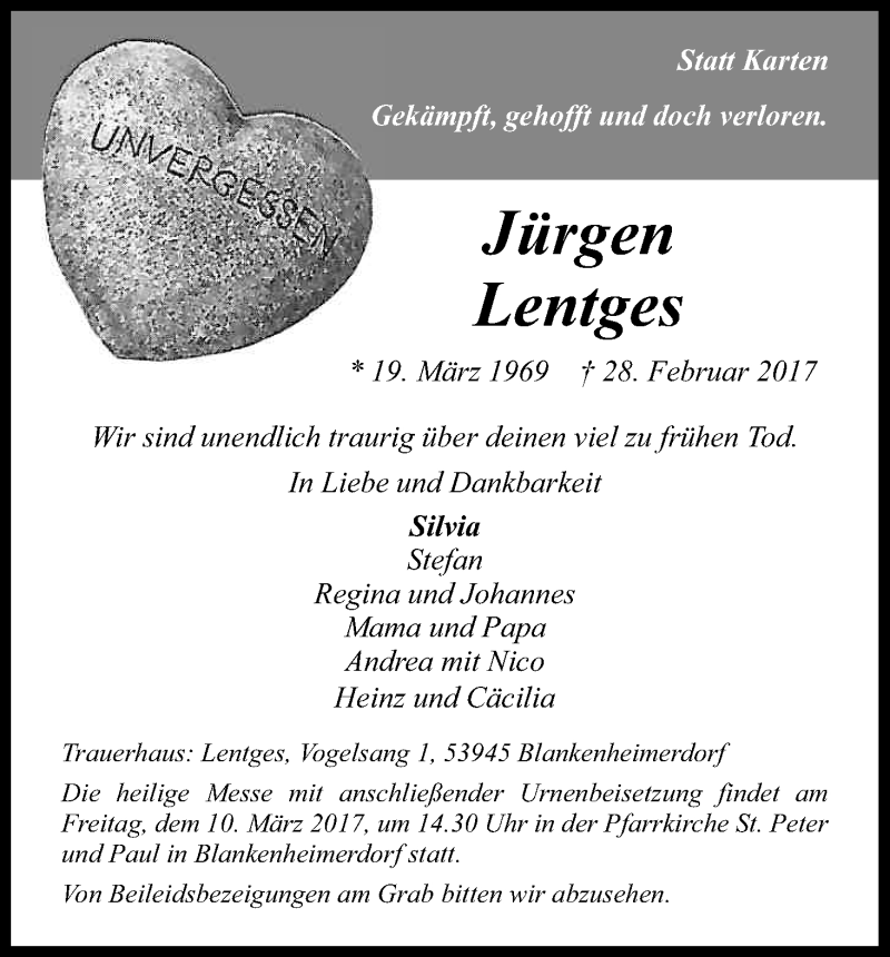  Traueranzeige für Jürgen Lentges vom 04.03.2017 aus Kölner Stadt-Anzeiger / Kölnische Rundschau / Express