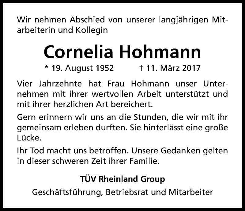  Traueranzeige für Cornelia Hohmann vom 25.03.2017 aus Kölner Stadt-Anzeiger / Kölnische Rundschau / Express