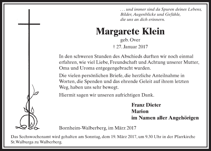  Traueranzeige für Margarete Klein vom 08.03.2017 aus  Schlossbote/Werbekurier 