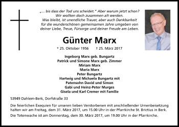 Anzeige von Günter Marx von Kölner Stadt-Anzeiger / Kölnische Rundschau / Express