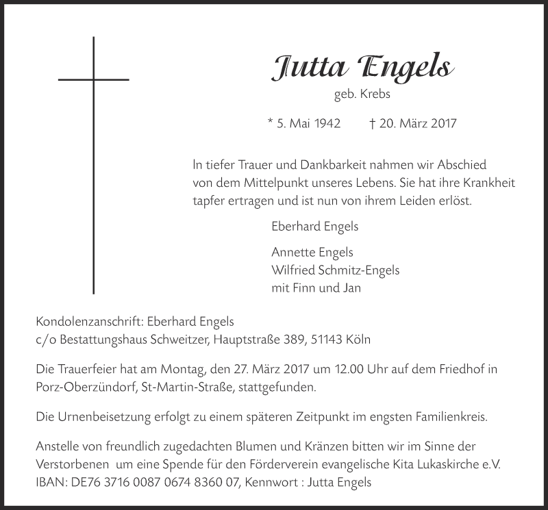  Traueranzeige für Jutta Engels vom 29.03.2017 aus  Kölner Wochenspiegel 