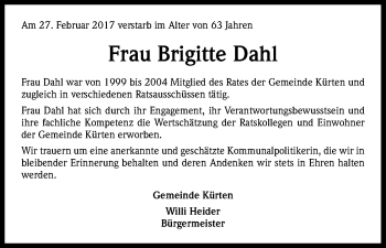 Anzeige von Brigitte Dahl von Kölner Stadt-Anzeiger / Kölnische Rundschau / Express